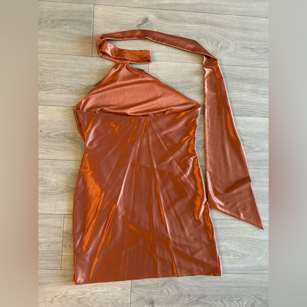 ASOS DESIGN One Shoulder Tie Stretch Satin Mini Dress In Copper - Picture 6 of 6